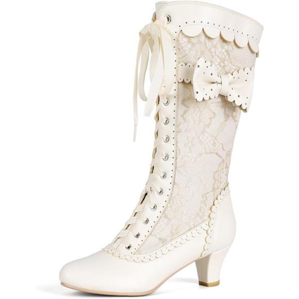 New Vintage Victorian Lace Boots Mid-Calf Heel Bow Side Zipper Beige Dress Women